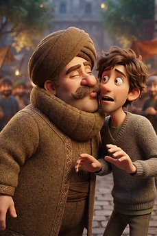 A stylized 3D animated character with a turban and mustache kisses a surprised young man on the cheek in a crowded, bustling outdoor market setting.