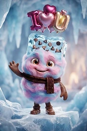 A cute, fluffy pink and blue cotton candy character with a brown scarf and boots, wearing a block of ice with chocolate chips on its head, floating heart-shaped balloons that spell I love U in a frozen ice cave.