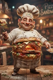 A friendly chef character with a torso made of a large sandwich featuring a built-in brick pizza oven, holding a fork with a sandwich piece and a pizza peel in a warm kitchen.