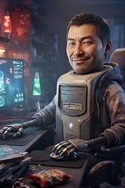 A man with a computer tower as his torso and robotic arms sitting in a gaming chair playing video games in a dark room.