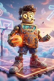 A friendly robot with a calculator torso and human-like hair wearing a basketball jersey and high-top sneakers, standing on a floating court amidst neon numbers and clouds.