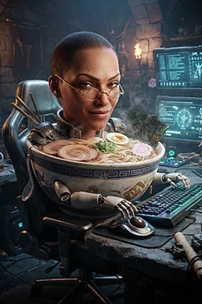 A female gamer character with a human head and a giant ramen bowl body with robotic arms sitting at a desk with multiple computer screens in a stone dungeon room.