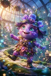 A small, adorable purple forest creature with glowing skin and flower petal hair, skipping down a mossy path in a luminous greenhouse filled with magical plants and fireflies.