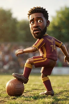 A stylized, 3D animated-style character with a large head and beard wearing a vintage burgundy and gold soccer uniform with the number 74, standing on a grass field with his foot on a vintage leather soccer ball.
