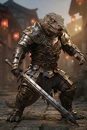 A powerful lizard-like creature standing in a narrow stone alleyway, wearing ornate metal armor with gold dragon engravings and holding a long sword.