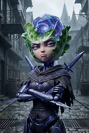 A stylized warrior character with a galaxy-filled crystal head surrounded by lettuce leaves, wearing dark purple mechanical armor in a rainy medieval street.
