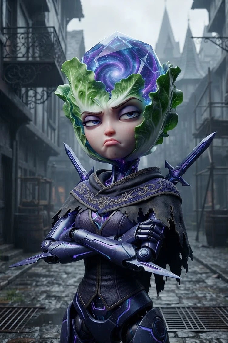 A stylized warrior character with a galaxy-filled crystal head surrounded by lettuce leaves, wearing dark purple mechanical armor in a rainy medieval street.