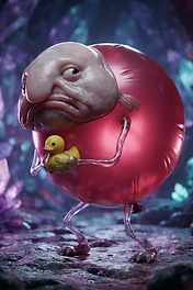 A surreal blobfish-like creature with a large pink balloon body holding a small yellow rubber duck in a glowing crystal cave.