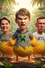 Brainrot Me character: a giant duck with an angry expression in a dense jungle full of oversized tropical creatures