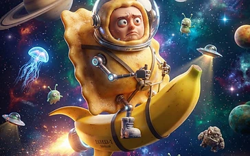 A cartoonish dumpling character wearing a space helmet and mechanical arms while riding a giant flying banana through a colorful, star-filled nebula.