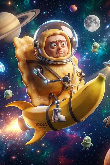 A cartoonish dumpling character wearing a space helmet and mechanical arms while riding a giant flying banana through a colorful, star-filled nebula.