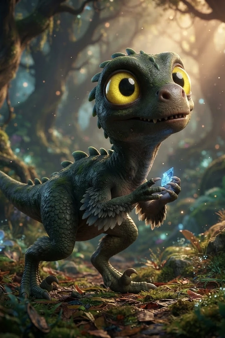A cute small green lizard creature with oversized yellow eyes standing in a mystical forest holding a glowing blue crystal.