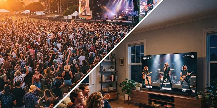 Osztott kompozíciójú illusztráció: balra a San Franciscó-i Outside Lands fesztivál napsütötte tömege a Golden Gate Parkban, jobbra egy modern nappali, ahol egy nagy képernyőn az Amazon Music élő közvetítése látható.