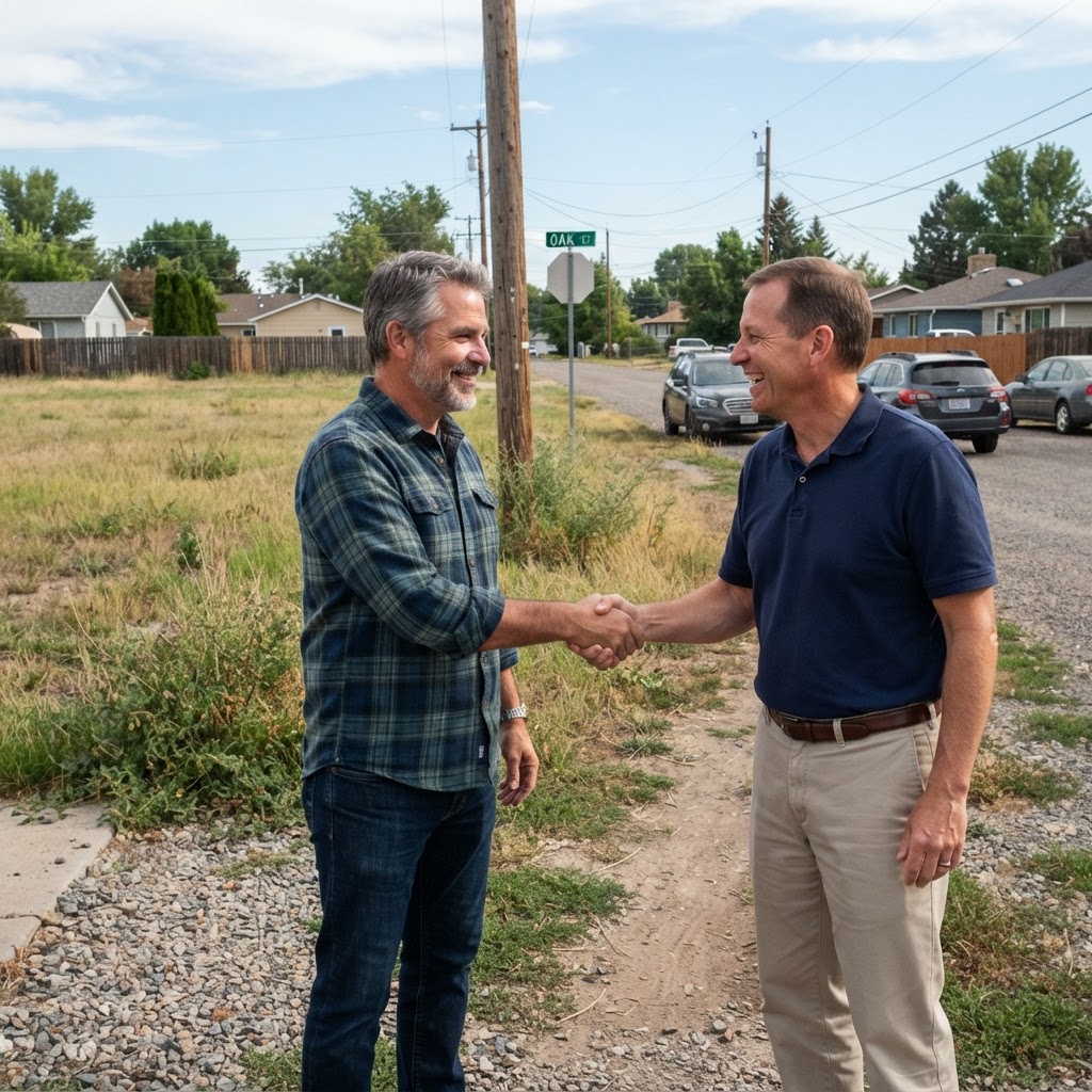 Two people shaking hands in front of vacant land