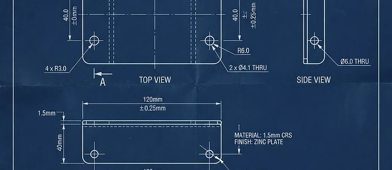 Precision metal fabrication blueprint with orthographic views and dimension callouts