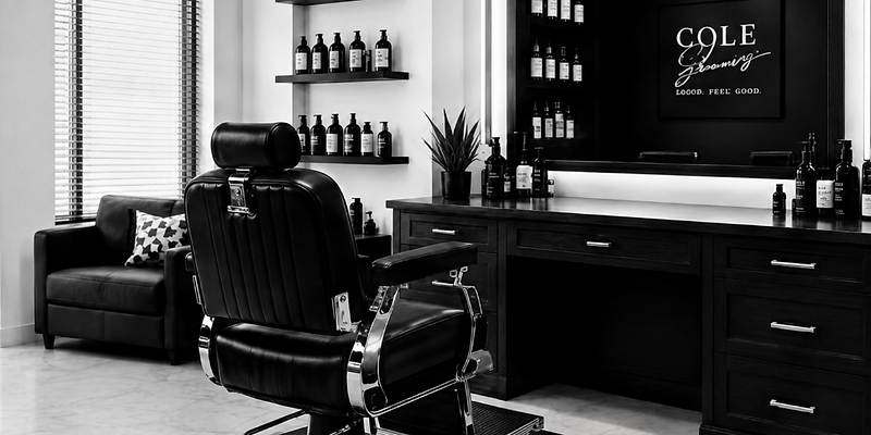 Cole Shears barbershop studio interior with barber chair and grooming products in Addison TX