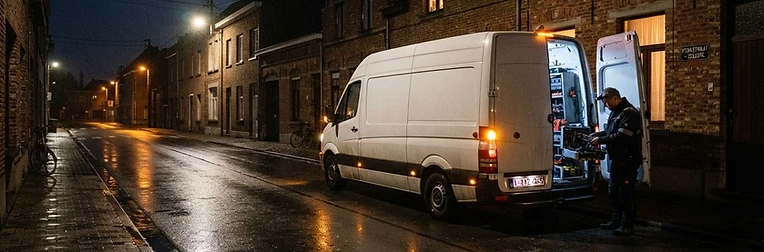 Bestelwagen van de slotenmaker 's avonds in een straat in Zelzate