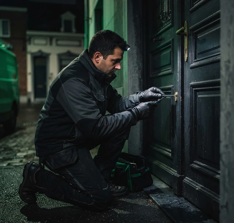 Slotenmaker opent 's nachts schadevrij een cilinderslot aan een voordeur