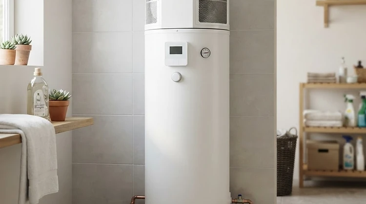 Divisão técnica de habitação moderna com bomba de calor sanitária monobloco de depósito integrado, sem marcas visíveis.
