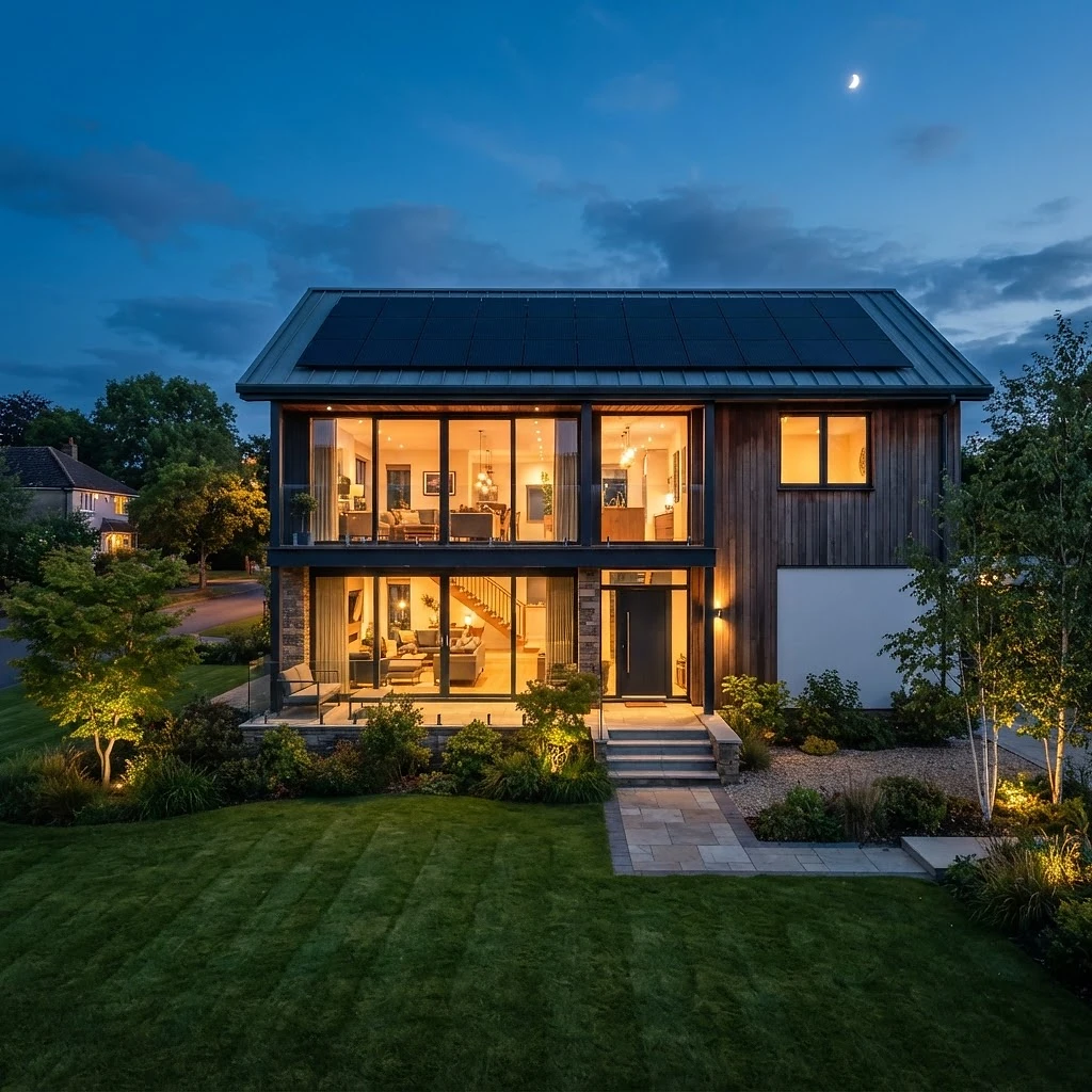 Casa com painéis solares ao anoitecer