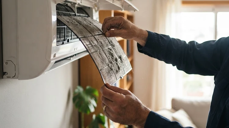 Técnico a retirar um filtro de ar condicionado carregado de pó