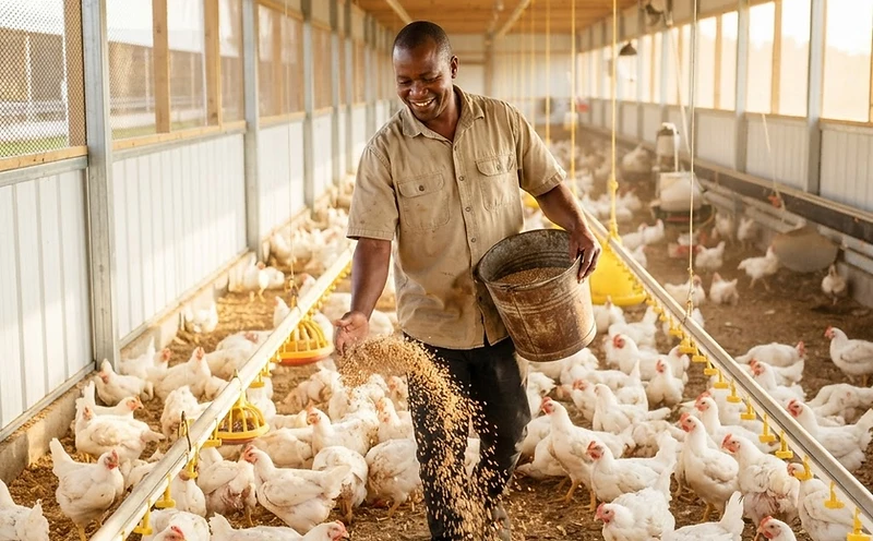 Farmer feeding poultry in a bright enclosure