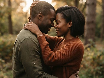 A couple sharing an intimate close moment outdoors