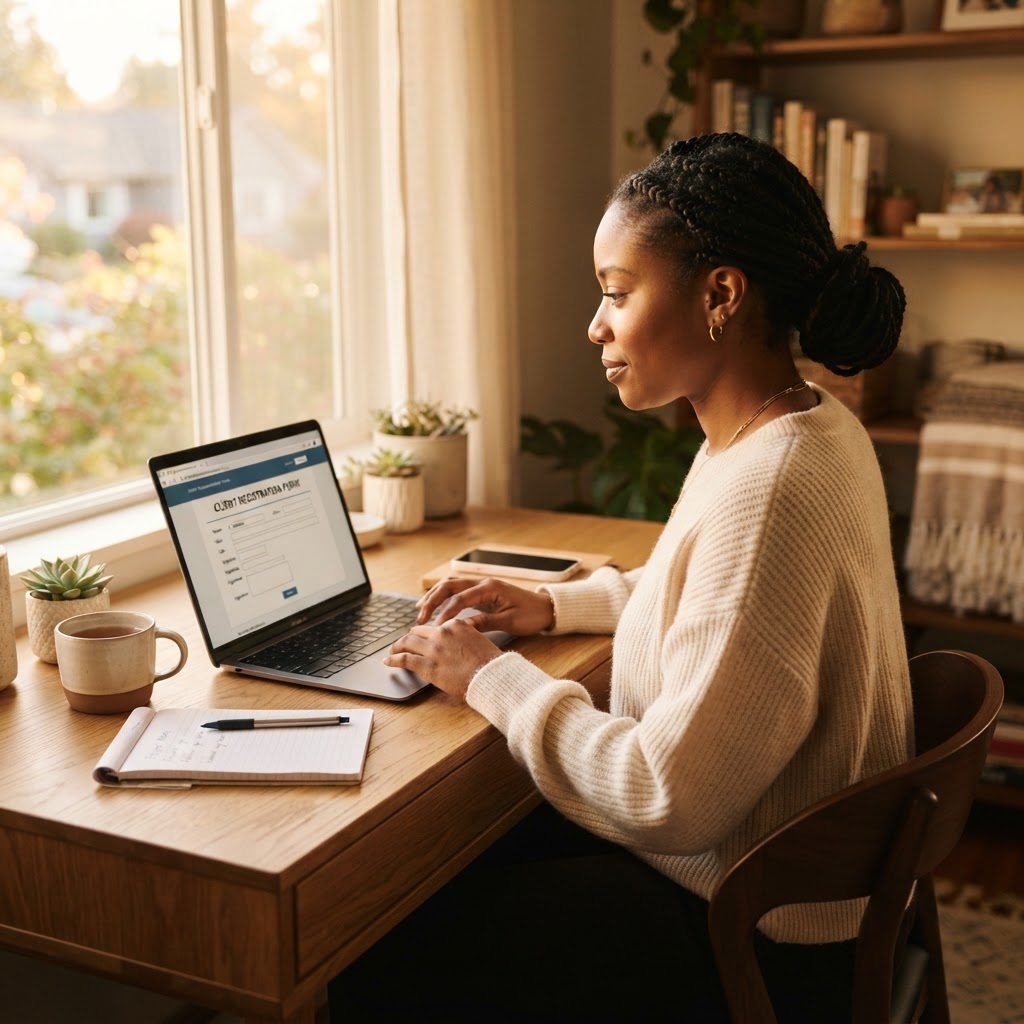 A person filling out a form on a laptop