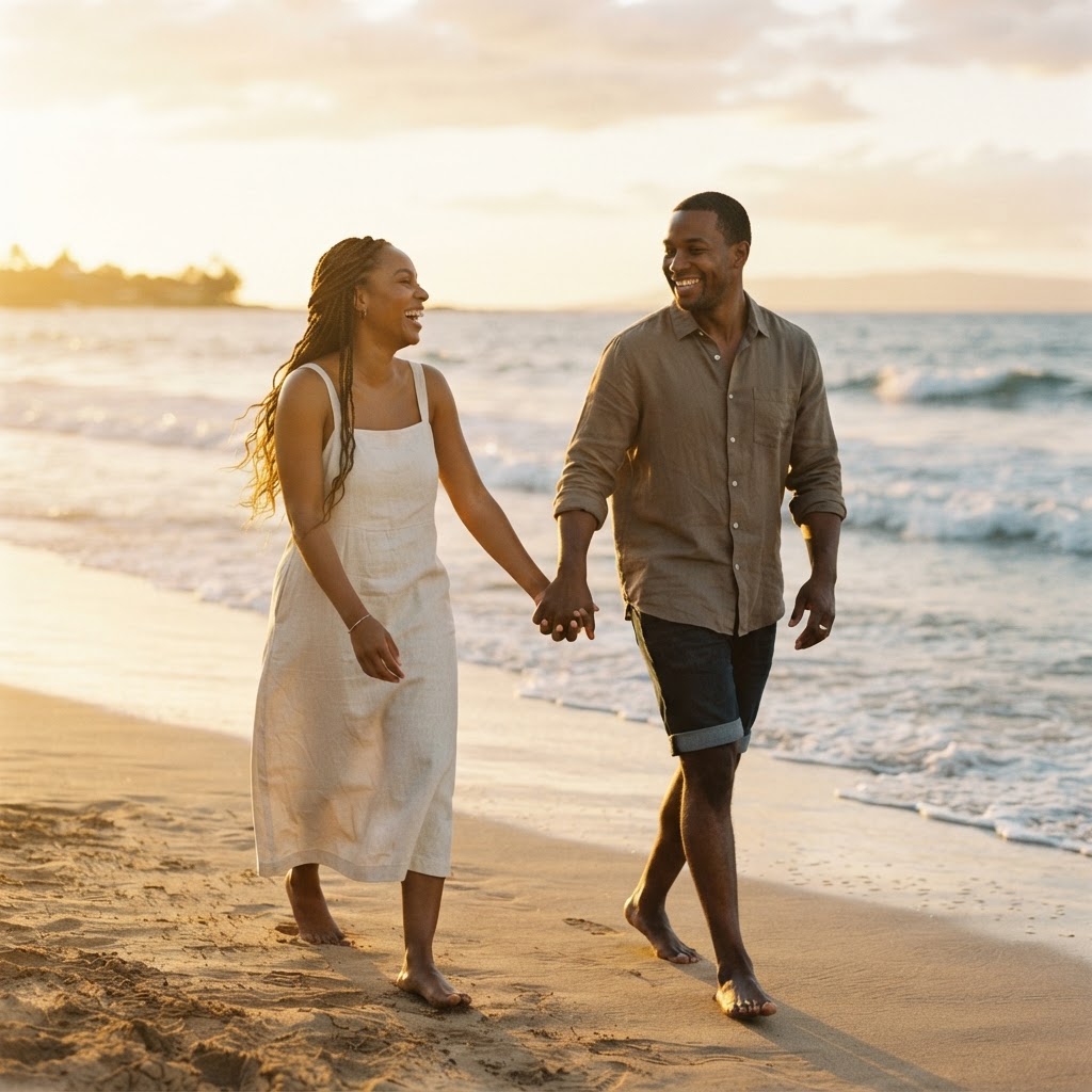 A couple holding hands walking on a beach
