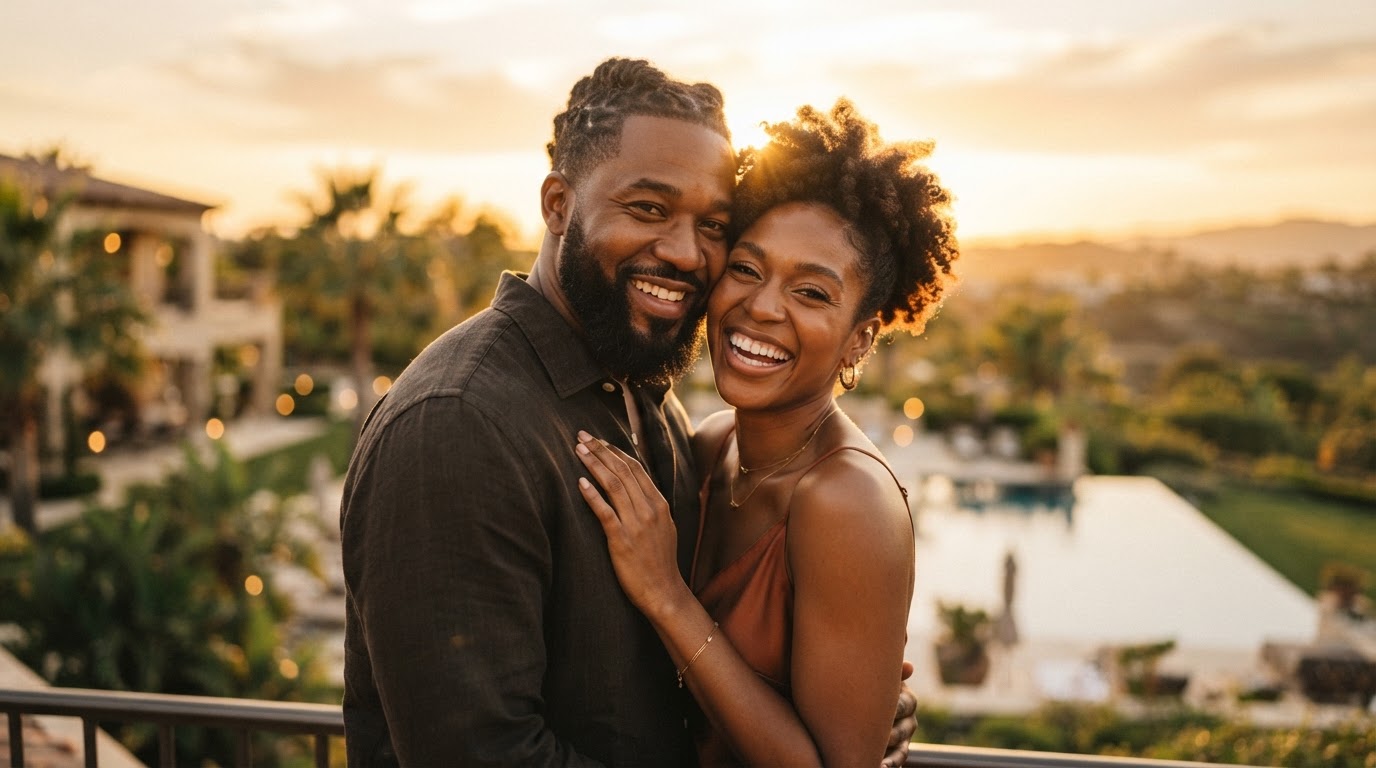 Warm golden-hour photo of a couple smiling closely together