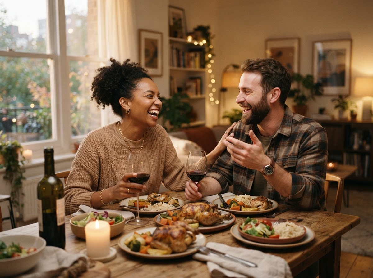 Couple laughing together over a home-cooked meal at a warmly lit table