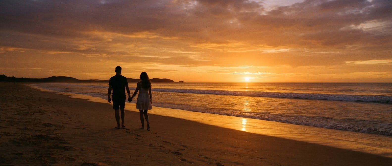 Couple holding hands walking at sunset on a golden beach