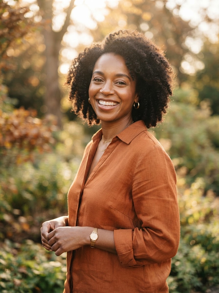 Matchmaking client portrait — a smiling woman outdoors in golden light