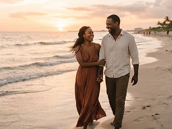 A couple walking together on a beach at sunset