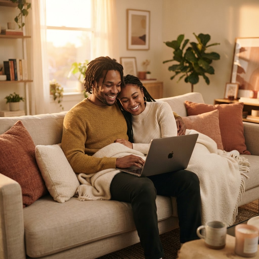 A couple relaxing together on a couch looking at a laptop