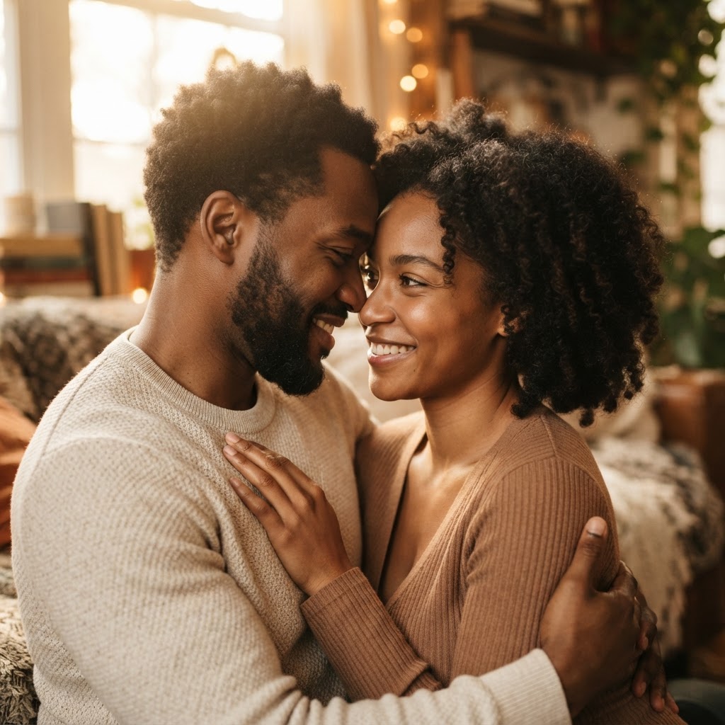 A close, warm couple portrait