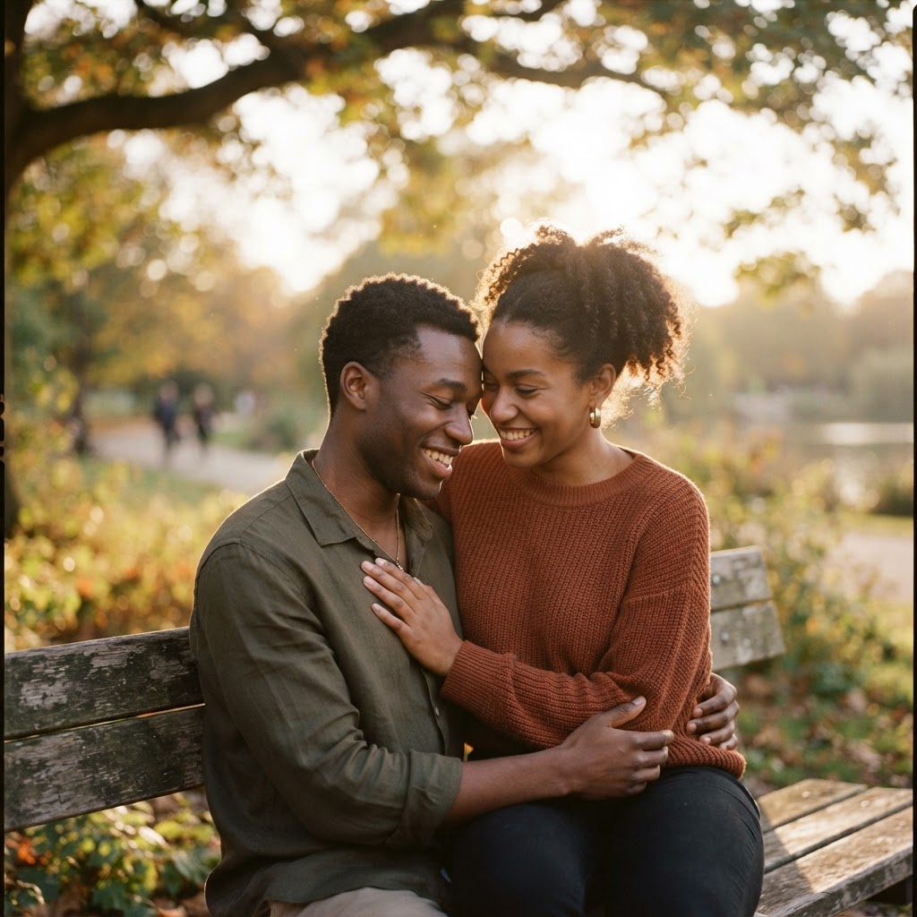 An intimate couple moment outdoors in golden light