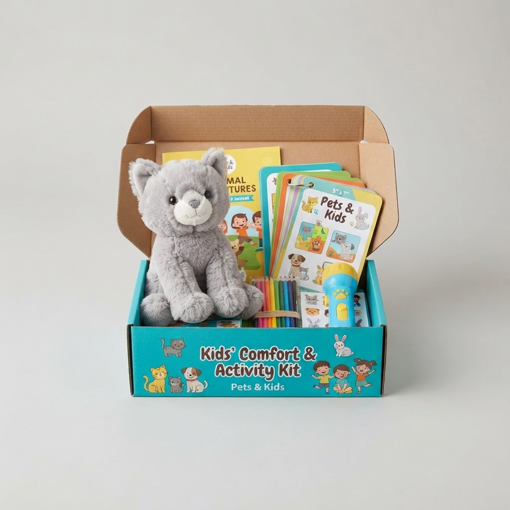 Kids' Comfort & Activity Kit (Coloring, Cards, Flashlight)