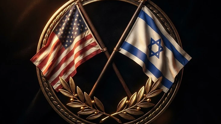 The flag of the United States crossed with the flag of Israel above a golden olive branch