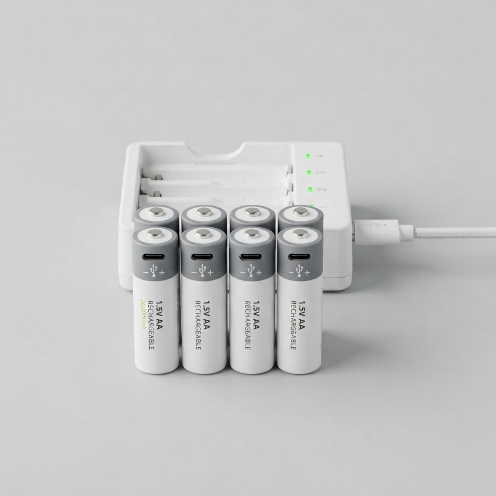 USB Rechargeable Batteries (AA, 8-Pack) + Charger