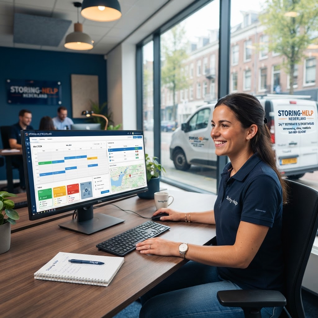 Kantoormedewerker achter computer met planningspagina en StoringPro busje op de achtergrond