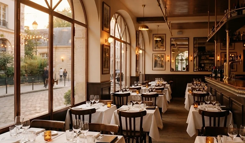 Intérieur de restaurant indépendant à l'heure dorée, lumière chaude et ambiance sobre
