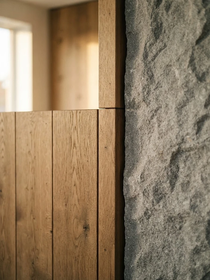 Material intersection of warm oak wood and raw stone in soft natural light