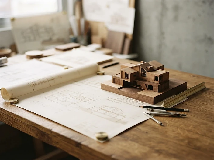 Architectural plans and a wooden model resting on a warm oak desk