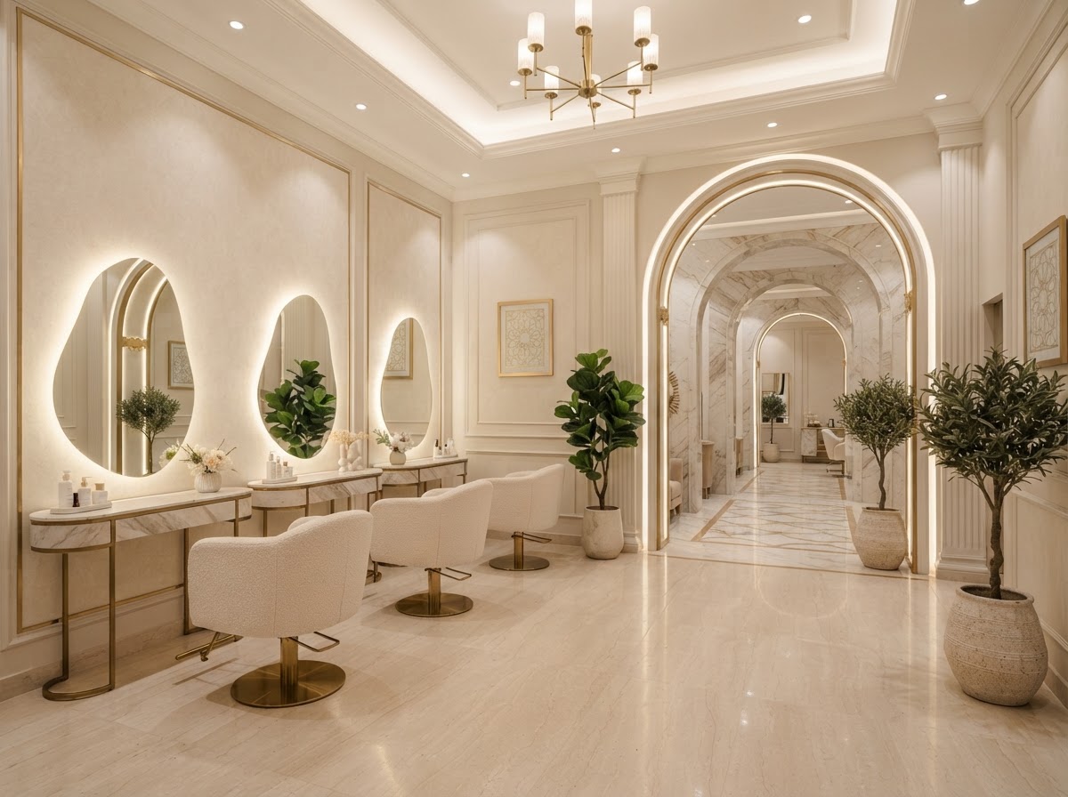 Luxury interior of Samias Beauty Clinic in Gulberg Lahore with cream and gold accents