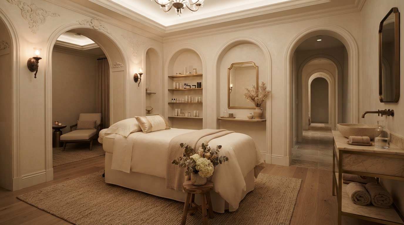 Cinematic view of a luxury treatment room at Samias Beauty Clinic