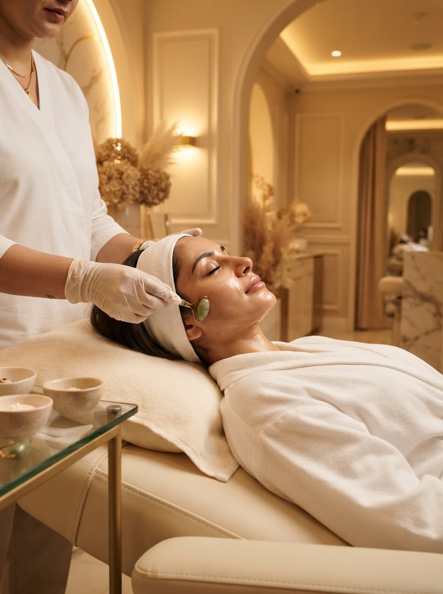 Serene woman receiving a luxury facial treatment at Samias Beauty Clinic