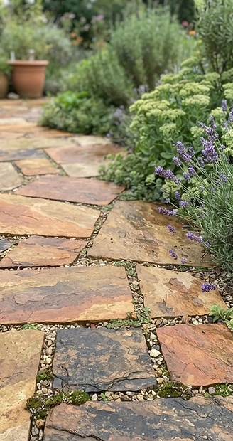 Natural stone patio detail with lavender planting