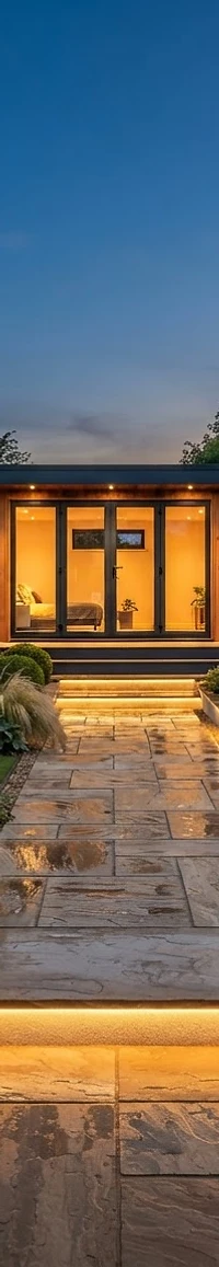 Contemporary designed garden at dusk with patio and garden room