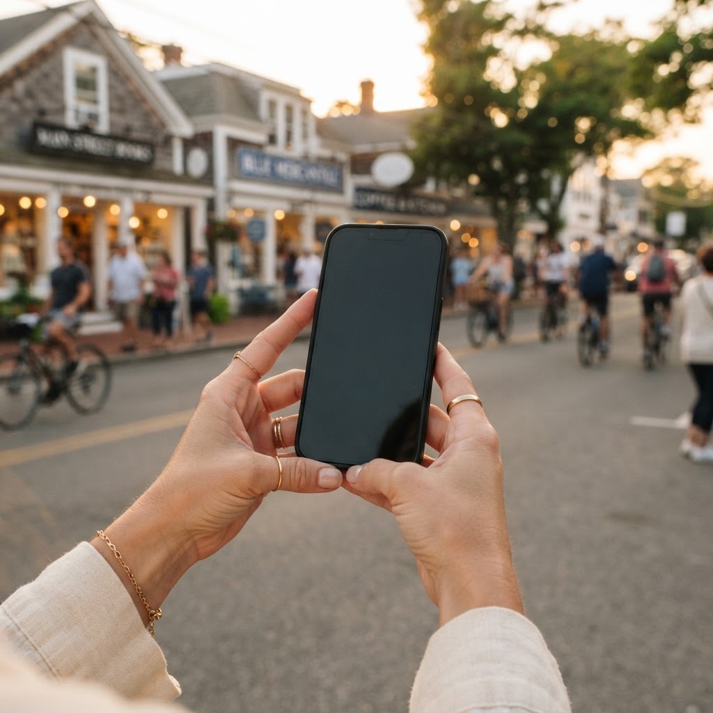 Smartphone showing an ad on a Hamptons main street